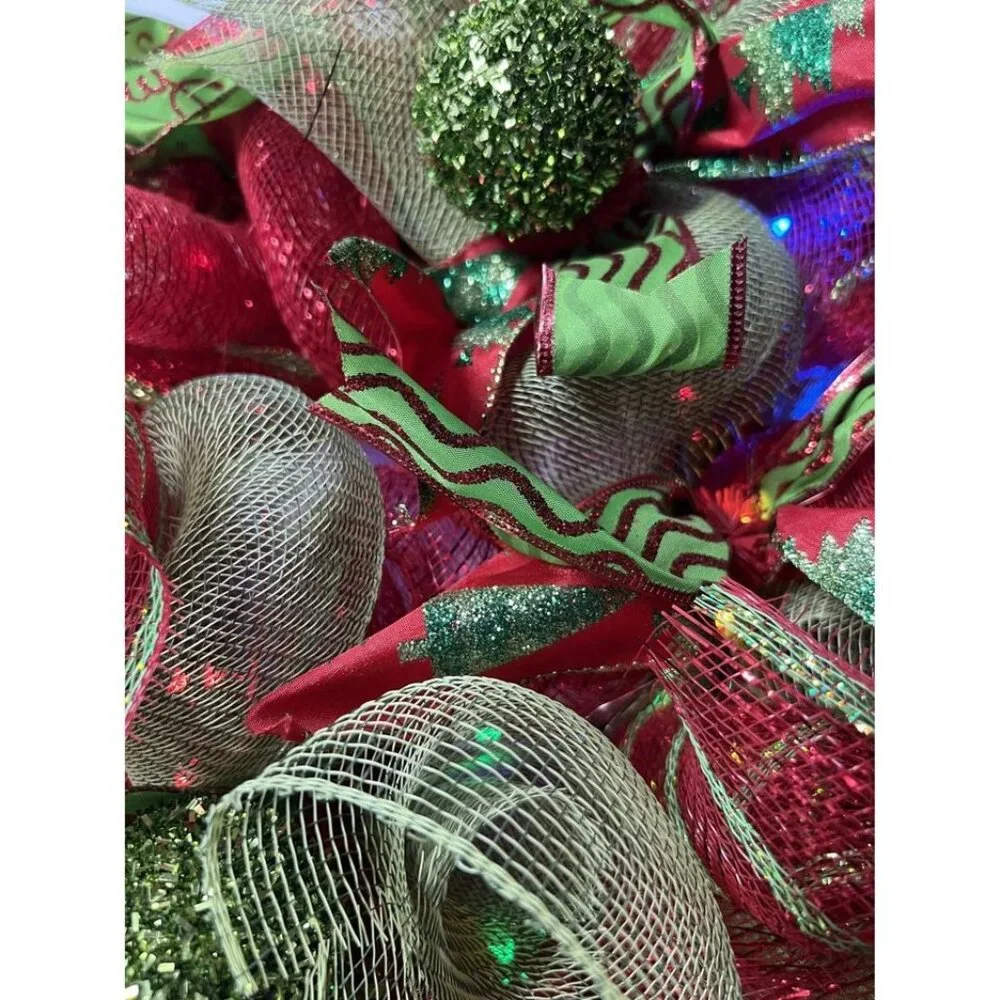 Set of‎ 2 Christmas Deco Mesh Wreaths Red Green Lighted Battery Operated Timer